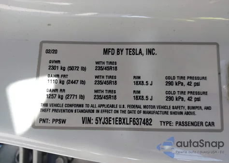 2020 Tesla Model 3 Long Range Dual Motor All-Wheel Drive z USA, uszkodzony, nr VIN 5YJ3E1EBXLF637482
